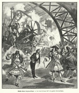 Forestilt besøk av kong Louis XIV og hans hoff til Pavilion of Machines på Exposition Universelle i Paris i 1889 (gravering) av French School