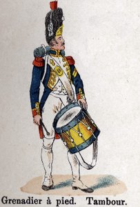 Imperial Guard Napoleon I: Grenadier til fots - Tromme. Tallerken fra boken Les Uniformes de l