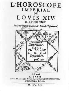 Imperial Horoscope of Louis XIV (1638-1715) av Michel Nostradamus (1503-66) utgitt av Francois Huart i Paris 1652 av French School