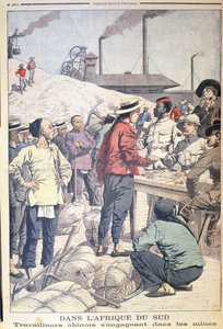 Importerer kinesiske arbeidere for å jobbe i gullgruvene i Sør-Afrika i 1904, illustrasjon fra Le Petit Journal, 1904