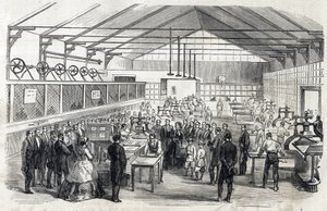 Impress Eugenie and Imperial Prince visit the Banque de France, 23 June 1866 - printing of banknotes - engraving in Le MONDE Illustrous DU 07/07/1866 av French School