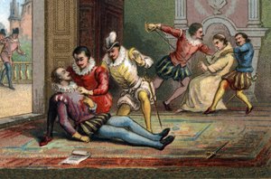 I 1589 myrdet munken Jacques Clement kong Henry III med et stikk etter å ha fått ham til å lese et brev. Kongen døde i armene til Henrik av Navarra. Kromolitografi rundt 1890. av French School