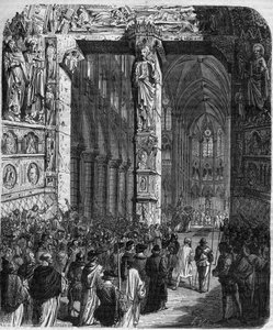 I Canossa ber keiser Henrik IV av Det hellige romerske rike (1050 - 1106) i angrende kjole om tilgivelse fra pave Gregoire VII (Hildebrand: 1015/20 - 1085) og gjør hederlig bod. Dronningens konge og keiseres forbrytelser gjennom århundrene» av Mauri av French School