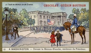 Foran Det hvite hus, residensen til presidenten, Washington DC (chromolitho) av French School