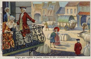 For å forhindre sult beordrer Anne-Robert-Jacques Turgot gratis utdeling av korn, Frankrike, c1770 av French School