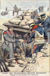 I skyttergravene før Mukden, russisk-japansk krig. Japanske og russiske tropper utveksler mat og drikke. I skyttergraven foran Mukden. Utveksle god prosess mellom motstandere. Illustrasjon for Le petit Journal, 22. januar 1905. av French School