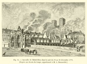Brann på Hôtel-Dieu natten 29. til 30. desember 1772, etter en tegning av tiden, tilhørende M A Bonnardot av French School