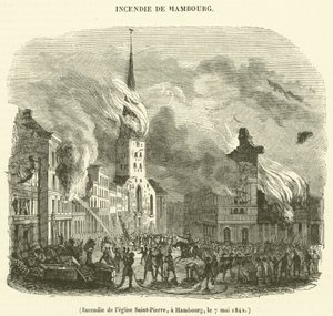 Brenning av St. Peters kirke, Hamburg, 7. mai 1842 (gravering) av French School