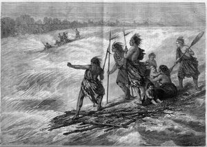 Indianere i Canada, stående på tregrener festet sammen, nedover Long Sault Rapids på St. Lawrence River av French School