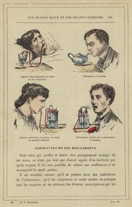 Svelging av et medikament ved hjelp av matrøret, Fumigering med tekanne, Balsamico og gassformig innånding, ved hjelp av inhalatorforgasseren, Reaktiv spraying med reaksjonssprøyten (fargelitho) av French School