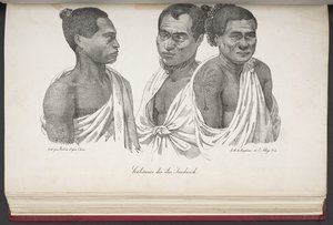 Innbyggere på Sandwichøyene, fra pittoresk reise rundt om i verden, med portretter av villmenn fra Amerika, Asia, Afrika og øyene i det store hav; landskap, havutsikt og flere naturhistoriske gjenstander; ledsaget av French School