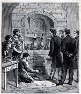 Installation of the pyrometer by Alexandre Brongniart (1770 -1847) French scientist at the manufacture of Sevres - Engraving in “Sciences mises à la gratete de tous - physics et chimie populaires”” by Alexis Clerc - End of 19th century. Private collection. av French School