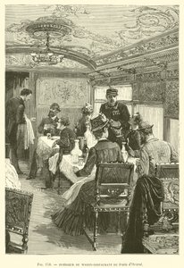 Interiør i Wagon-Restaurant of the Orient-toget (gravering) av French School