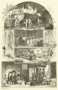 Interiør i et sukkerraffineri (gravering) av French School