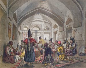 Interiør av en Caravanserai i Persia, midten av det nittende århundre av French School