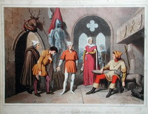 Interiør av et slott i Vosges i løpet av det fjortende århundre (farge litho) av French School