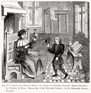 Interiør i et doktorhus, fra Epistre dOthea av Christine de Pisan, illustrasjon fra vitenskap og litteratur i middelalderen og renessansen, skrevet og gravert av Paul Lacroix, 1878 (gravi av French School