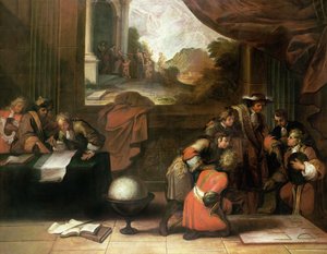 Interiør i et rom med geografer og matematikere, ca. 1680-90 av French School