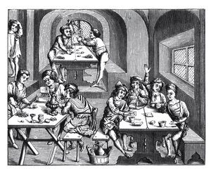 Interiør i et herberge, etter et tresnitt i en folioutgave av Virgil, utgitt Lyons, 1517 av French School