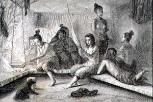 Interiør av en eskimohytte på 1860-tallet (gravering) av French School