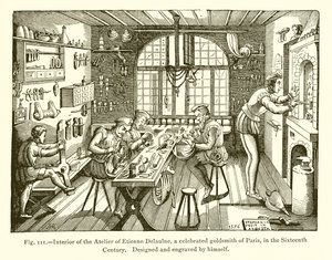 Interiøret i Atelier of Etienne Delaulne, en berømt gullsmed i Paris, i det sekstende århundre av French School