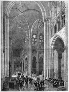 Interiøret i basilikaen Saint Denis (Saint Denis) restaurert etter planene til Eugene Viollet-le-Duc (Viollet le Duc) (1814-1879). Gravering i "The Illustrous Universe" av French School