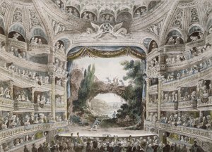 Interiør av Comedie Francaise Theatre i 1791, etter en original akvarell av French School