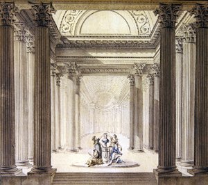 Interiør av dydens tempel, ca. 1770 (penn og blekk med akvarell på papir) av French School