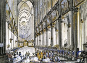 Innvendig utsikt over Notre-Dame de Paris, ved ankomsten til Marie Antoinette (1755-1793), dronning av Frankrike, for å delta på den berømte messen for fødselen av sønnen hennes, den fremtidige Louis XVII (1785-1795). Gravering 1700-tallet. av French School