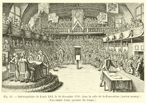 Forhør av Louis XVI, 26. desember 1792, i Salle de la Convention, tidligere rideskole, faksimile av en gravering fra tiden av French School