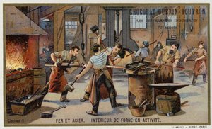 Jern og stål. Interiøret i en travel smie (chromolitho) av French School