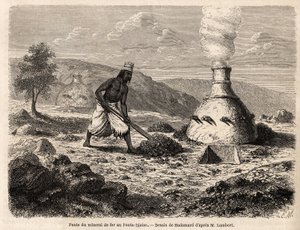 Jernmalmsmelting ved Fouta Djalon, Senegal, tegning av Hadamard, for å illustrere løytnant Lamberts reise til Fouta Djalon i 1860. Gravering i «Le tour du monde» 1861. Selvas samling. av French School