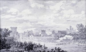 Italiensk landsbygd: Den franske hæren førte elven Mincio til Borghetto i 1796. Anonym tegning. Paris, Louvre-museet av French School