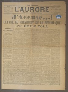 JAnklagebrev av Emile Zola (1840-1902), publisert i LAurore, 13. januar 1898 (trykk) av French School