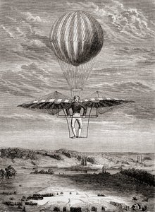 Jacob Degens ornitopter fra 1808 med klaffventiler, der piloten sto på en stiv ramme og bearbeidet vingene med en bevegelig horisontal stang, fra #39;Les Merveilles de la Science#39;, utgitt ca. 1870 (lito) av French School