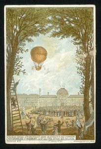 Jacques Charles og Marie-Noel Robert gjorde den første oppstigningen i en hydrogenballong, Paris, 1. desember 1783 av French School