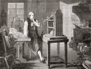 James Watt i sitt verksted i Glasgow forbedrer Thomas Newcomens 1712 Newcomen-dampmaskin med sin Watt-dampmaskin i 1781, fra Les Merveilles de la Science, pub.1870. av French School