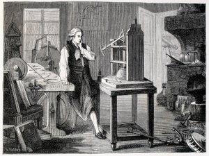 James Watt studerer perfeksjonen av Newcomens maskin (1767) - i "" Album of Science; berømte lærde; Store funn”” 1896. av French School