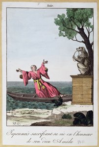 Japansk mann som ofrer livet til ære for guden Amida, 1811 (farge litho av French School