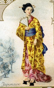 Japansk kvinne. Utgave den parisiske litografien, slutten av 1800-tallet. Serie med 25 reklamekromoer for Dijon-produksjonen av Biscuits Pernot, laget i 1869. Detalj av karakterene i tradisjonell drakt av French School