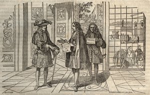 Jean Baptiste Colbert (Jean-Baptiste) (1619-1683) i møte med kong Ludvig XIV og Francois Louvois (1641-1691) i Versailles - gravering etter Leclerc - av French School