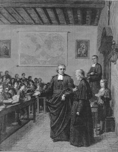 Jean Baptiste De La Salle (Jean-Baptiste) 1651-1719 Fransk religiøs, grunnlegger av kongregasjonen av brødrene til de kristne skolene, viser en av skolene sine til M de La Chetardie. Gravering fra slutten av 1800-tallet. av French School