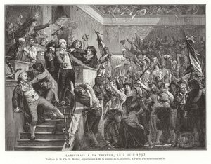 Jean Denis, comte Lanjuinais, på talerstolen til konvensjonen, den franske revolusjonen, 2. juni 1793 av French School