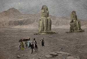 Jean Francois Champollion ved Memnon-kolossene, Egypt (gravering) av French School