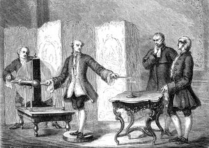 Jean JALLABERT (1712-1768), sveitsisk fysiker, oppdager elektrisitet på skarpe gjenstander (Power of the Pointe av FRANKLIN). gravering 1867 av French School