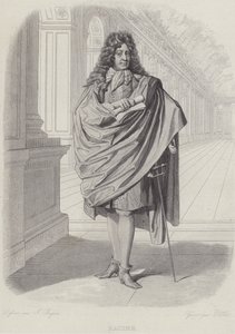 Jean Racine , fransk dramatiker, i Speilsalen i Versailles (gravering) av French School