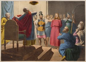 Jesus Kristus før Kaifas, illustrasjon fra en katekisme LHistoire Sainte, utgitt av Charles Delagrave, Paris, sent på 1800-tallet