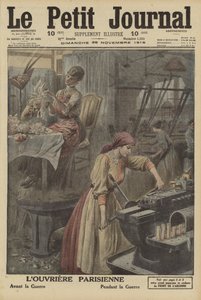 Arbeid utført av kvinnelige parisiske arbeidere før og under første verdenskrig (fargelitografi) av French School