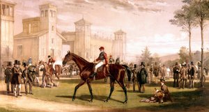 Jockey på hesten sin på paddock på Longchamps veddeløpsbane av French School