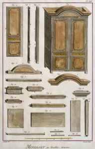 Joiner, et skap, illustrasjon fra Encyclopedie des Sciences et Metiers av Denis Diderot (1713-84) gravert av Robert Benard (fl.1734) utgitt ca. 1770 (fargegravering) av French School